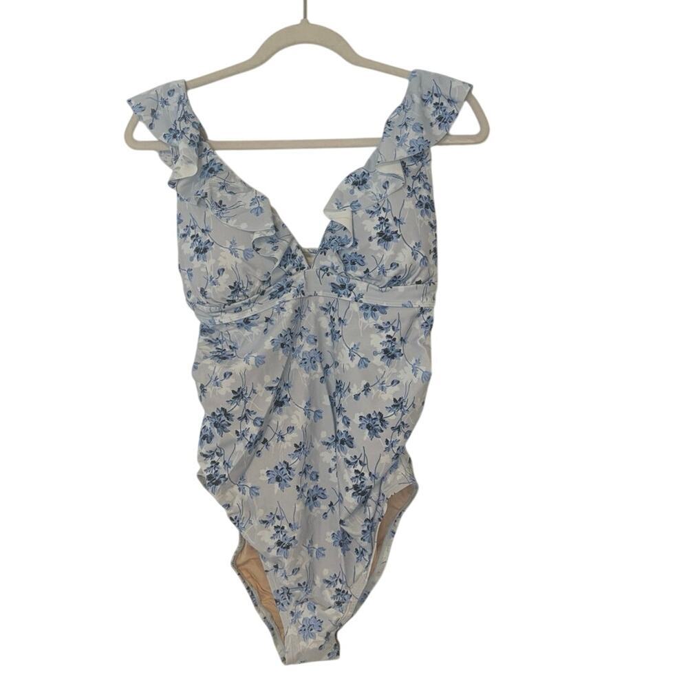 NWT A Pea in the Pod Ruffled Maternity Floral Swimsuit Light Blue Size S